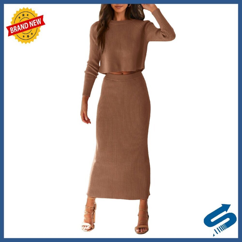 Rib Knit Sweater Set Long Sleeve Crop Top Maxi Skirt 2 Piece Outfit